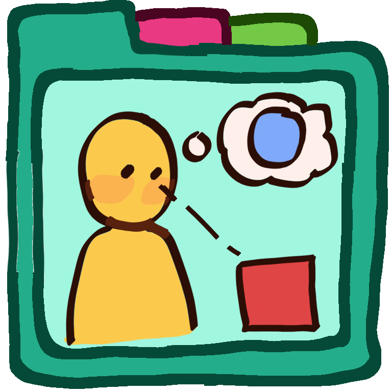 a yellow person looking at a red block with a thought bubble with a blue circle in it